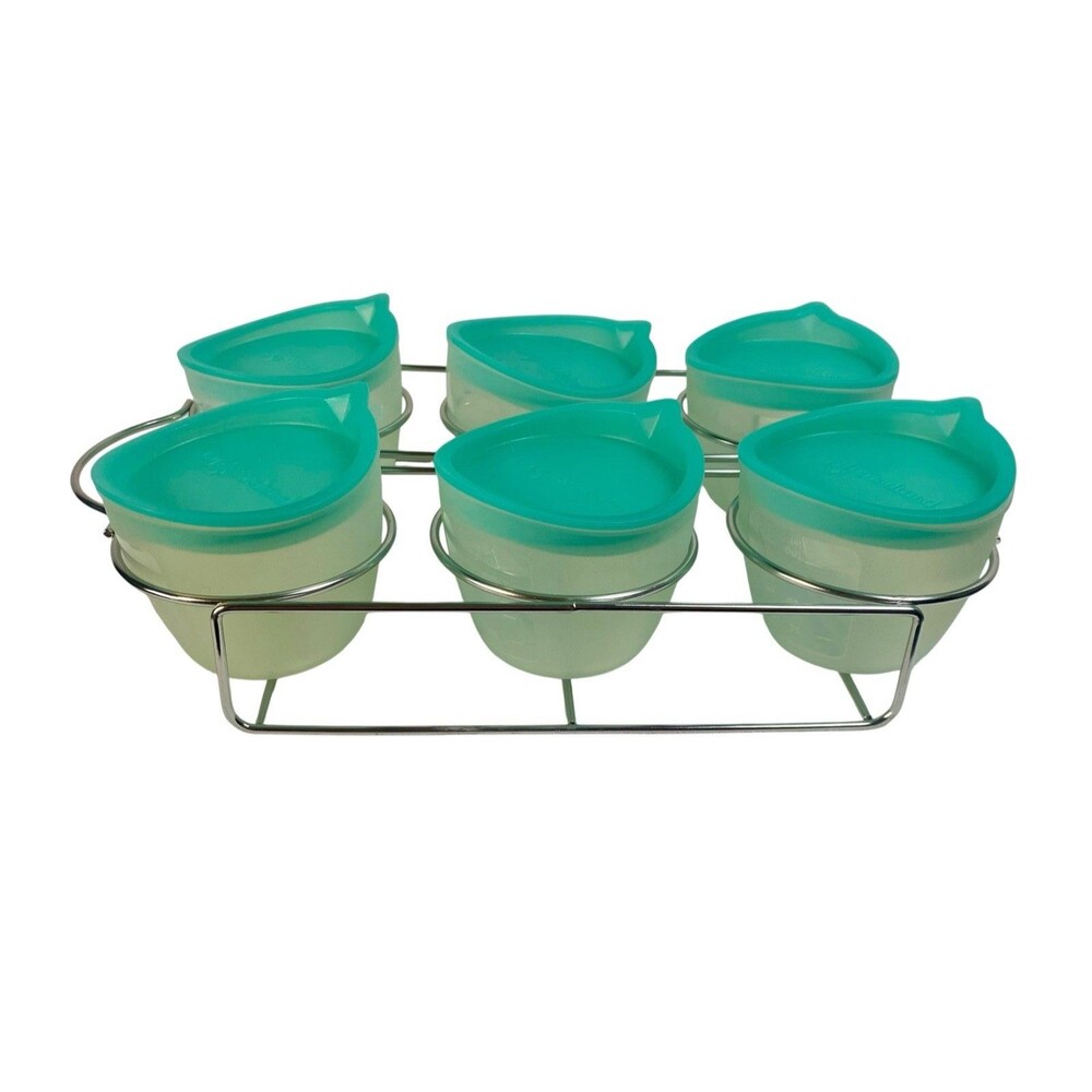 Pampered Chef Mini Bowls 4 oz Teal Lid w Metal Storage Rack 100181